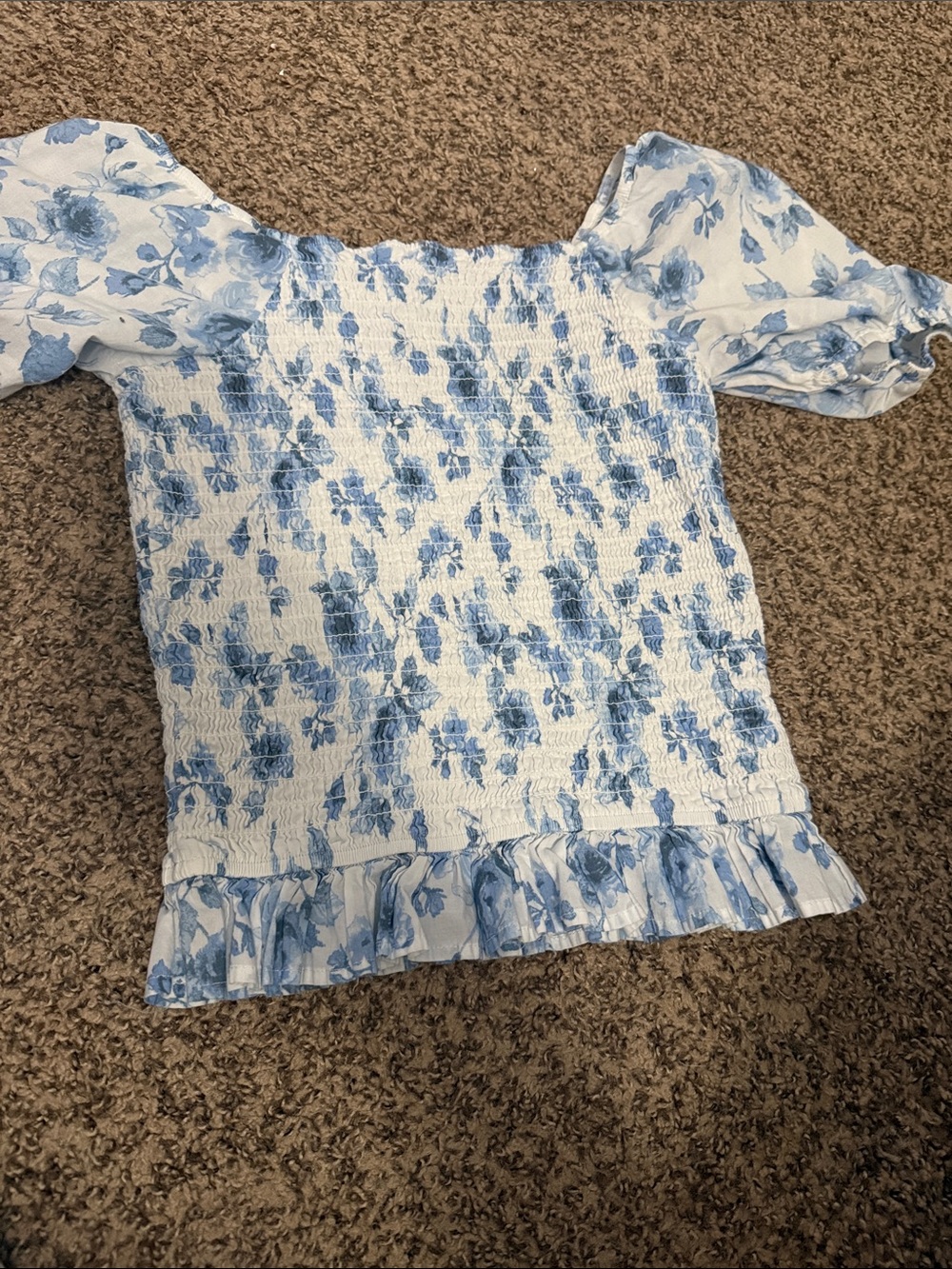 Smocked Blue Floral Square-Neck Women's Top